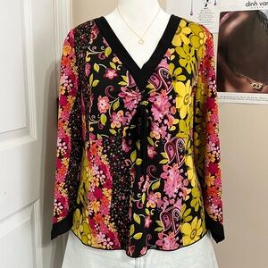 Black Multicolor Fairy Floral V-Neck Blouse